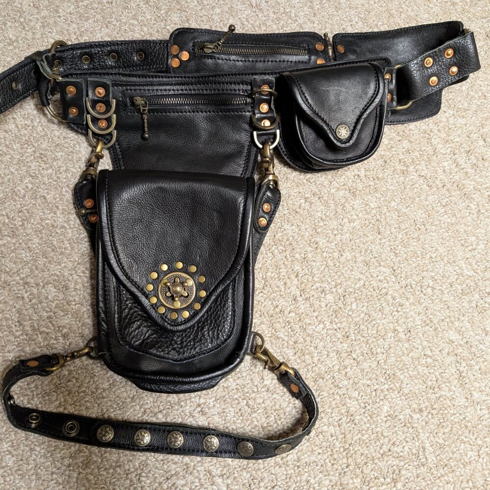 Earth Nynja Handmade Leather Utility Pocket Belt & Thigh Bag - Black/Brass